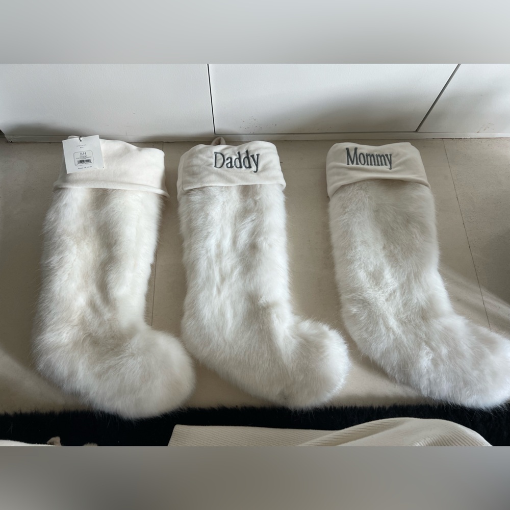 RH Restoration Hardware White Faux Fur Christmas Stockings